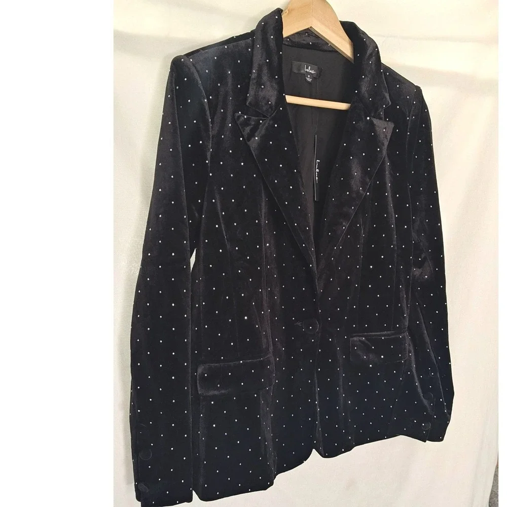 Lulus Glamorous Statement Black Velvet Studded Blazer Rhinestone‎ Gems small New